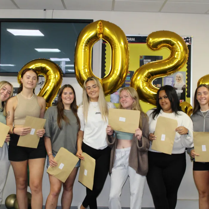Yr 13 results day girls with balloon arch