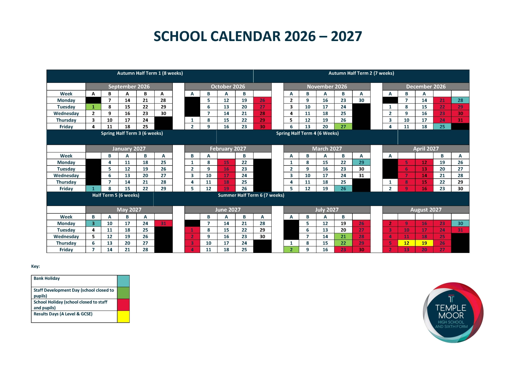 Parent Downloadable School Calendar 2026-27